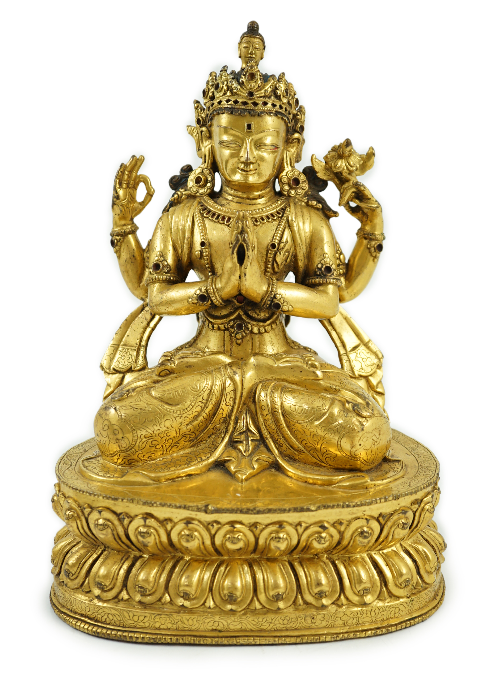 A Sino-Tibetan gilt bronze figure of Shadakshari Lokeshvara, possibly 18th century